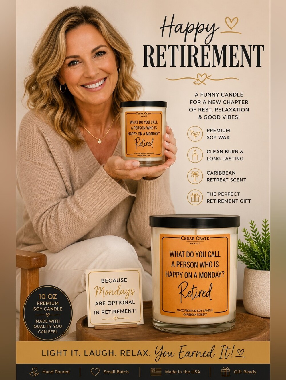Happy Retirement Humor Candle | Cedar Crate Market 10 oz Premium Soy Candle